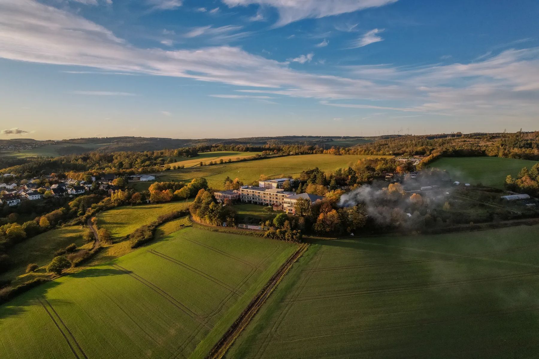 Aerial view of the ashram and the fields of the Taunus region