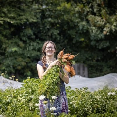 Harvesting herbs in the ashram garden